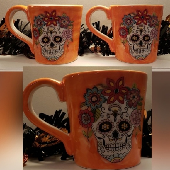 NWOT Set Of 2 Orange Day Of The Dead Ceramic Mugs - Picture 2 of 5